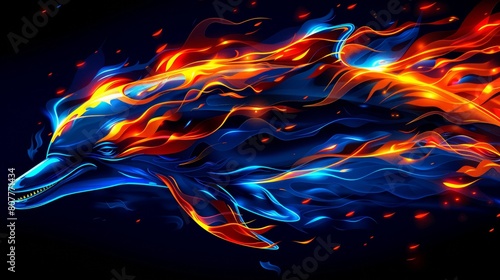 A dolphin with fire and flames on its head. A magical creature made of fire on black background.