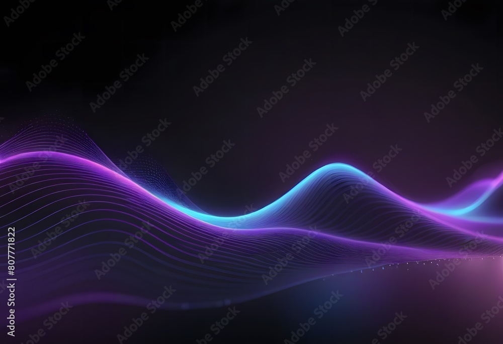 Naklejka premium A single beam of light, laser, composed of glowing lines and dots in blue color on a black background. futuristic abstract blue neon light motion technology digital concept, Digital Wave Technology
