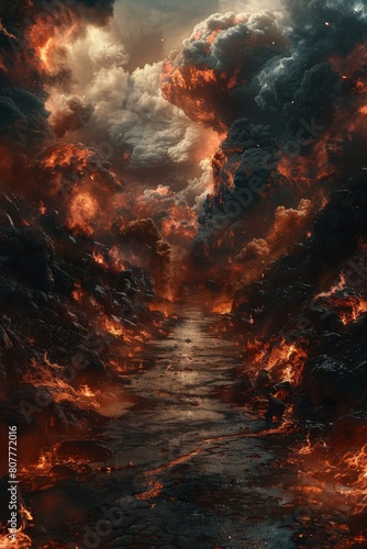 A fiery landscape with a path through it