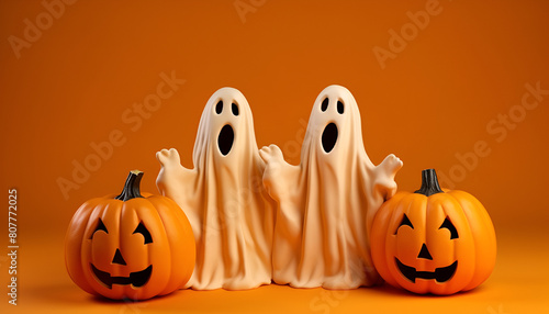 Funny Halloween pumpkin with ghosts on a plain orange background
