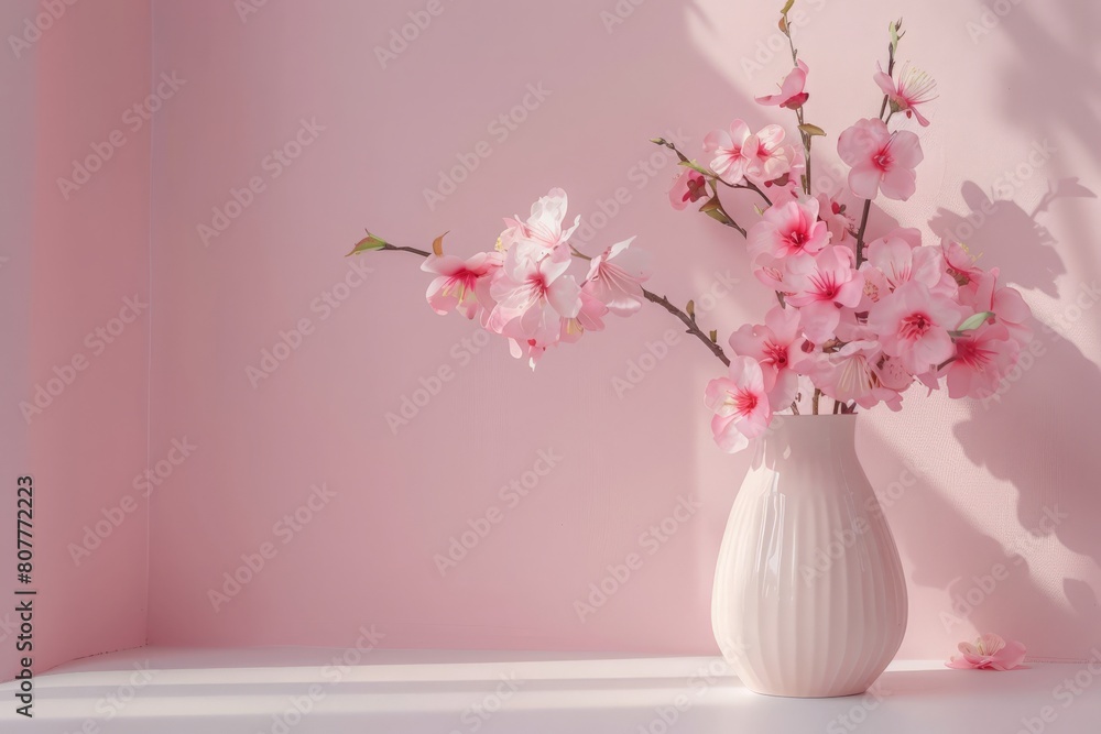Home interior floral decor. Elegant floral soft pink composition. Beautiful flowers in vase on pastel pink wall background