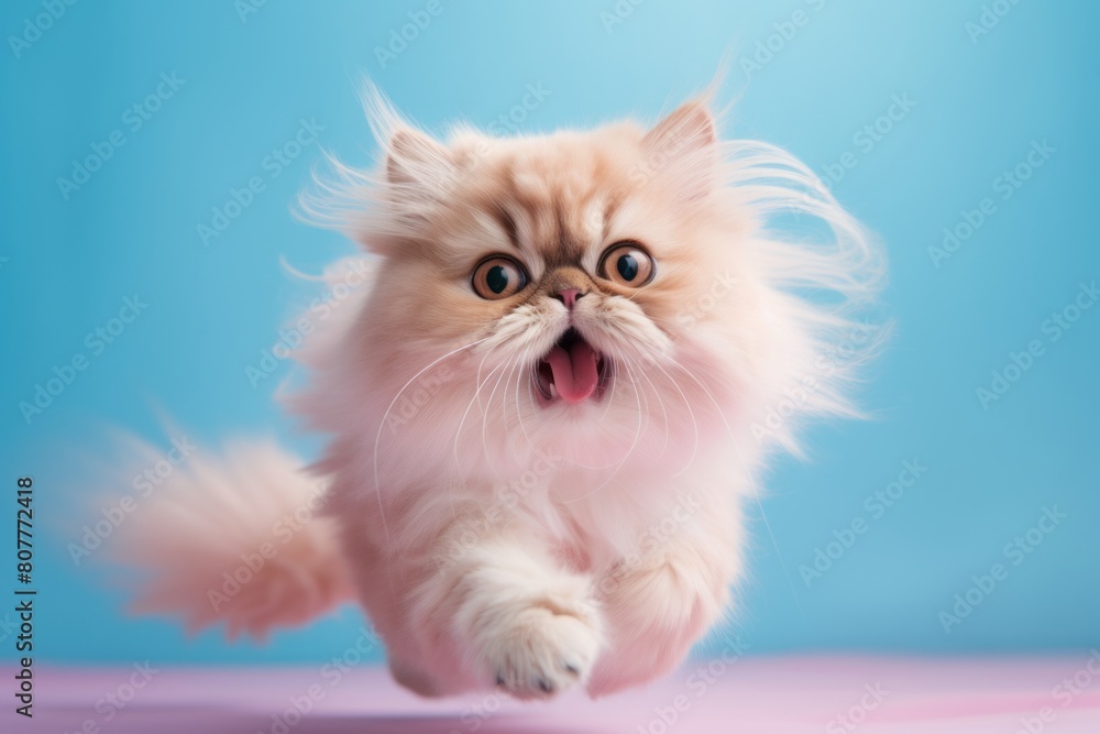 Medium shot portrait photography of a smiling persian cat pouncing isolated in pastel or soft colors background Medium shot portrait photography of a smiling persian cat pouncing isolated in pastel or soft colors background