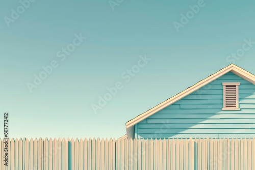 A blue house with a white fence in front of it