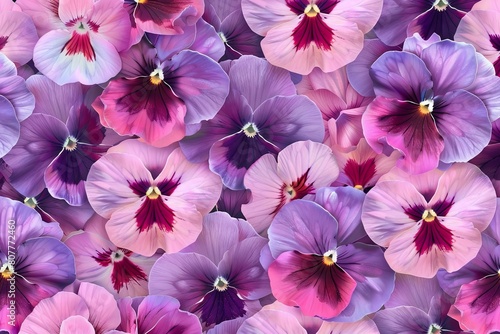 Seamless modern kaleidoscope pattern with pink pansy flowers 