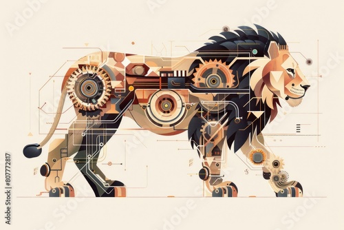 A lion is shown in a mechanical style, with gears and other mechanical parts photo