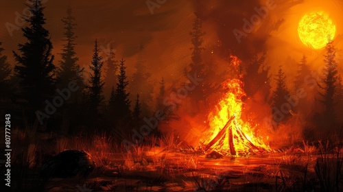 A fire is burning in a forest with a large orange moon in the background