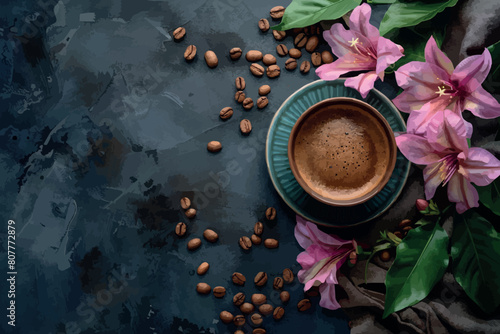 Composition made from cup of black tea with a black and brown background. Cup of black coffee with white flower, chamomile and coffee beans