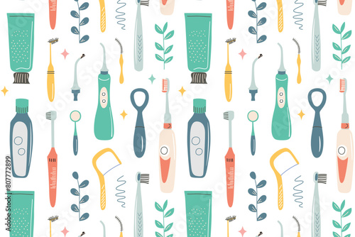 Dental hygiene pattern, seamless ornament of toothbrushes, toothpastes, irrigators doodle icons, vector illustrations of teeth products on white background, dentist clinic, oral health print