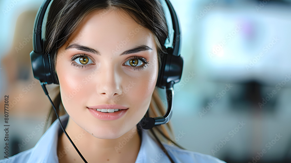 Face of young charming confident woman with headset Face of young charming confident woman with headset