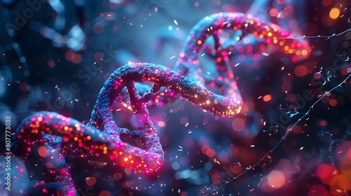 Vibrant Neon Glowing DNA Double Helix Structure in Futuristic Medical Laboratory Setting with Advanced Scientific Equipment and Digital Rendering of
