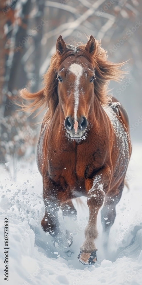 A horse frolicking in a snow-covered field, a winter wonderland. A horse frolicking in a snow-covered field, a winter wonderland.
