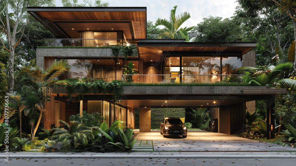 Modern tropical house with a wood and concrete front, large overhangs, and a carport-style garage with electric vehicle charging station