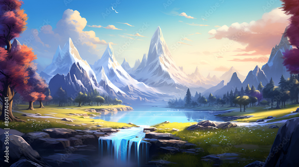 Fantasy landscape with an aerial view of mountains Beautiful peaceful fantasy landscape Wallpaper
