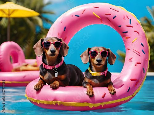 Couple of amusing dachshunds rest on doughnut shape swimming circle in fashionable sunglasses.  © Natasa