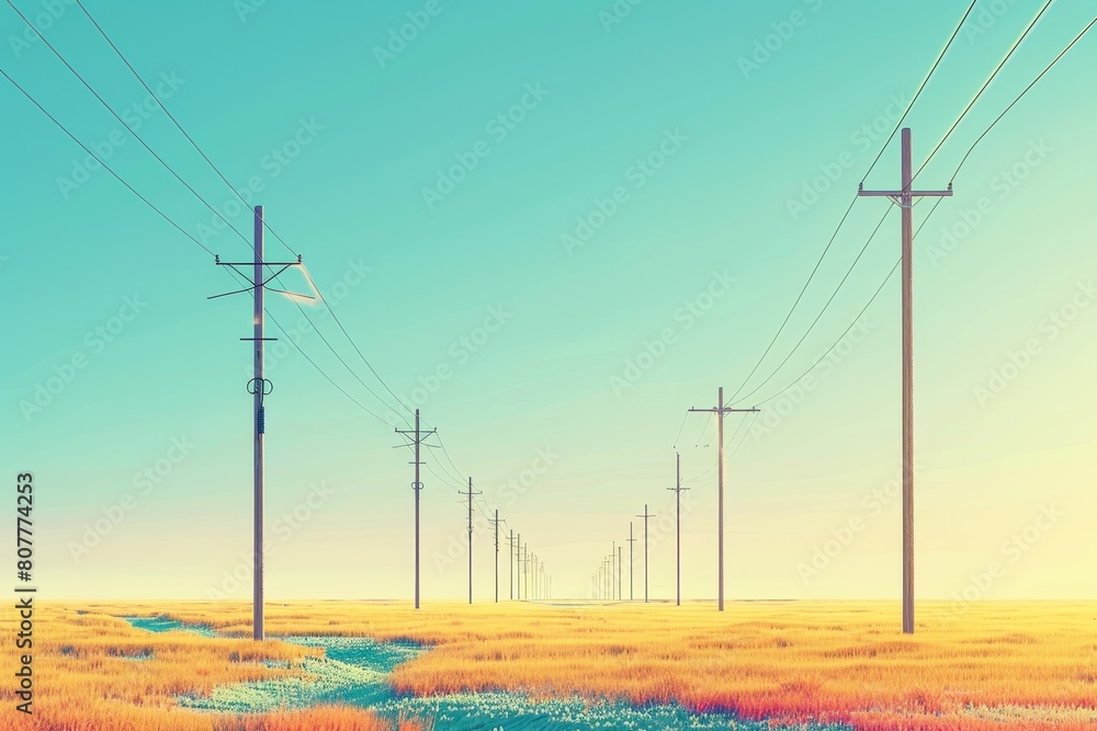 A long line of power poles with a colorful sky in the background
