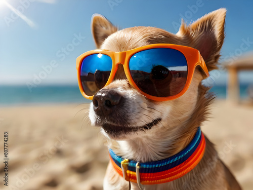 Cool chihuahua dog at the beach wearing sunglasses © Natasa