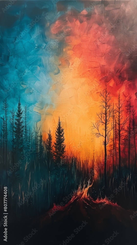 A painting of a forest with a red and yellow sky