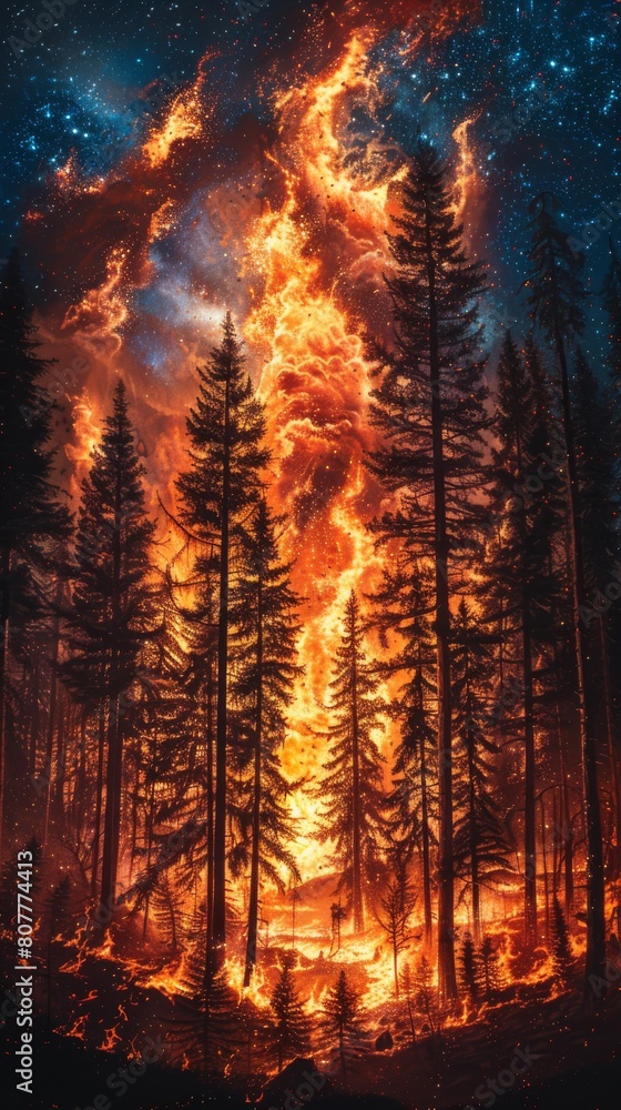 A forest fire is burning in the woods, with trees and flames in the foreground A forest fire is burning in the woods, with trees and flames in the foreground