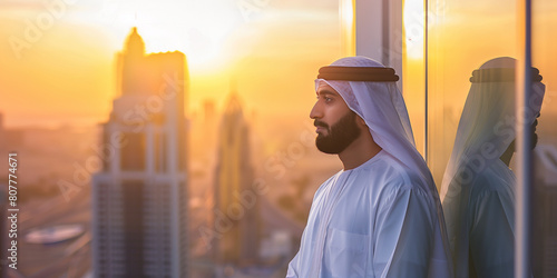  A emarati man in his late thirties with beard wearing emarati dress is standing at the window of an office overlooking Dubai at sunrise. 