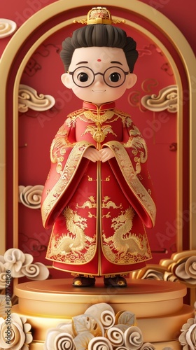 A cartoonish figure wearing a red dress and glasses stands on a platform