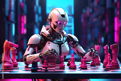 Neon robot playing chess