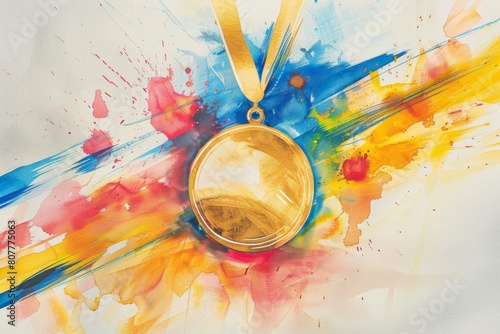 A stylized representation of a gold medal surrounded by abstract shapes and colors symbolizing speed and success, with no direct reference to the Olympics, watercolor