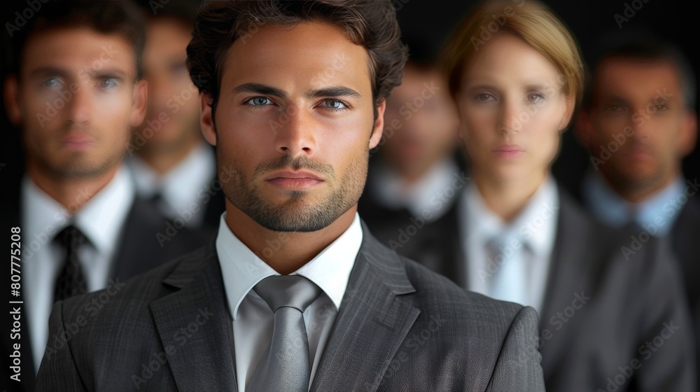 A man in a suit stands in front of a group of people A man in a suit stands in front of a group of people