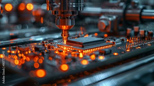 A close-up of a microchip being manufactured in a high-tech semiconductor fabrication facility, highlighting the precision and complexity of modern electronics