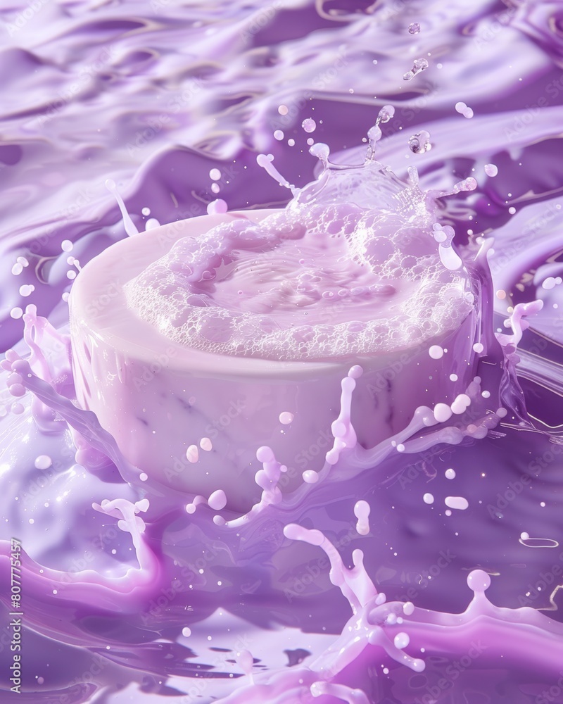 close up of a soap making a splash on a purple background. close up of a soap making a splash on a purple background.