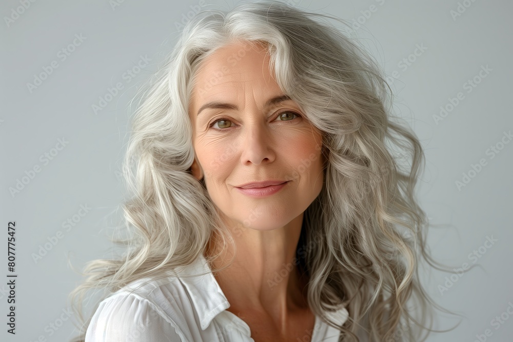 Naklejka premium Close-up portrait of a beautiful senior woman smiling, with gray hair isolated on a clean background. Healthy face skin care beauty, skincare cosmetics concept.