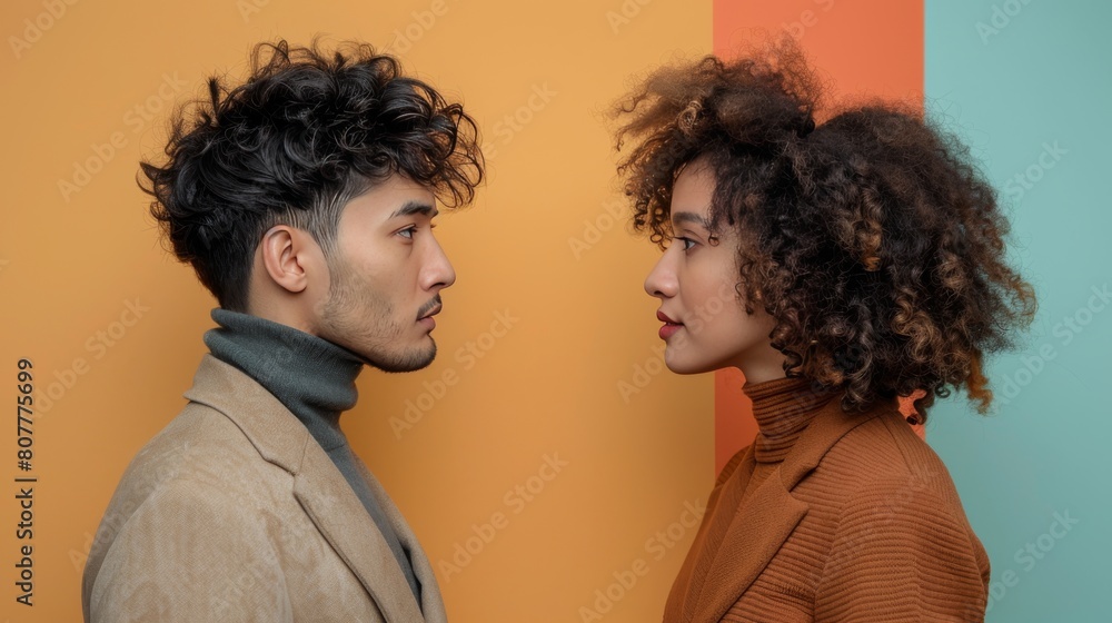 Two people with curly hair, one man and one woman Two people with curly hair, one man and one woman