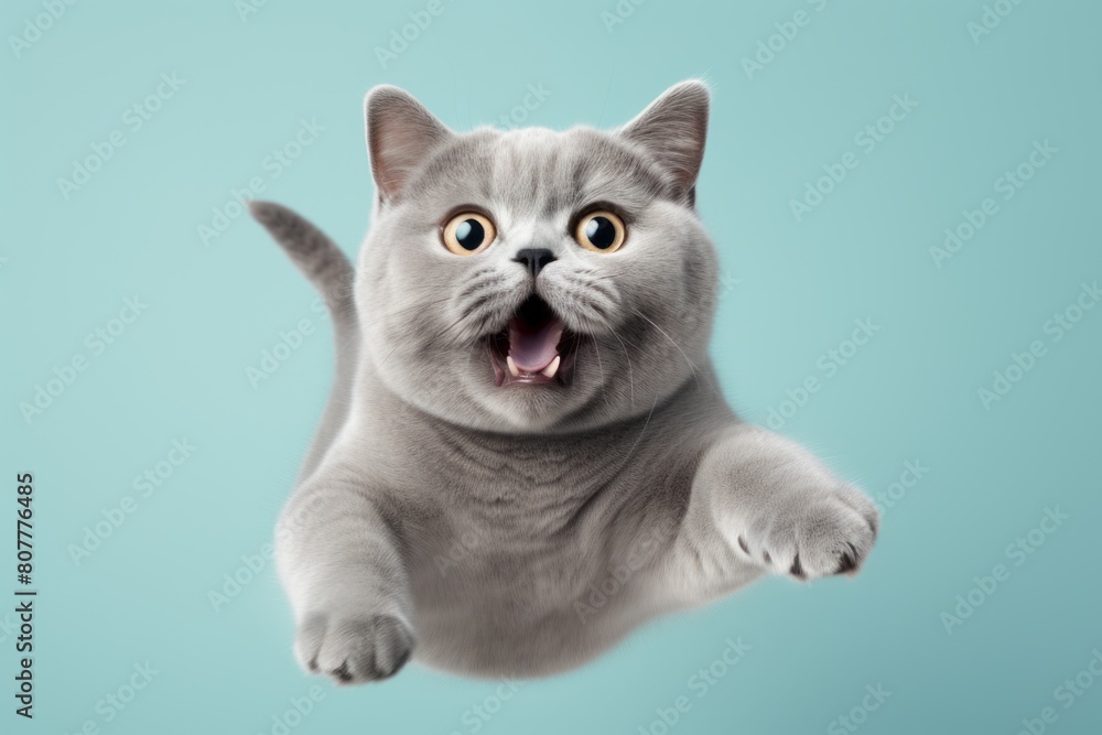Obraz premium Close-up portrait photography of a happy british shorthair cat jumping isolated on pastel or soft colors background