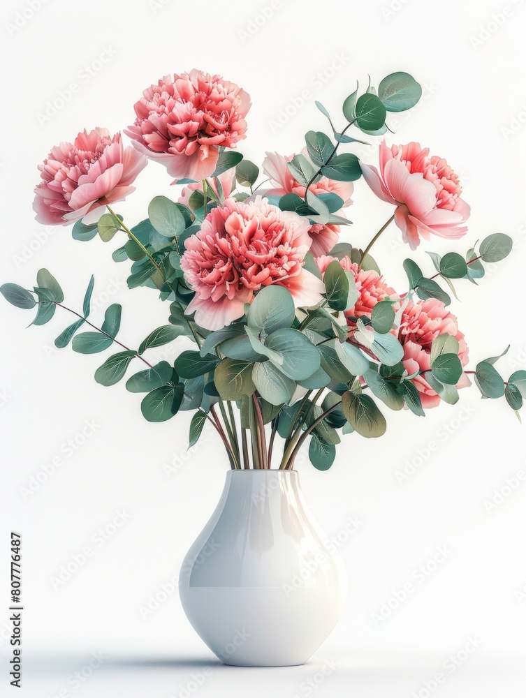 Obraz premium Elegant Peonies and Eucalyptus Bouquet in a White Ceramic Vase on a Light Background.