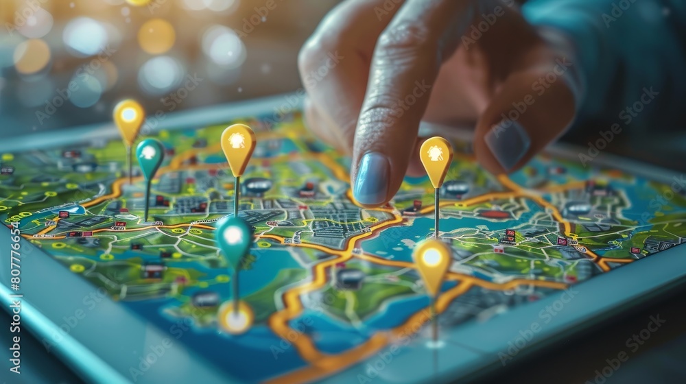 Naklejka premium Geographic Information System (GIS): A 3D vector illustration of a person using a tablet to interact with a digital map