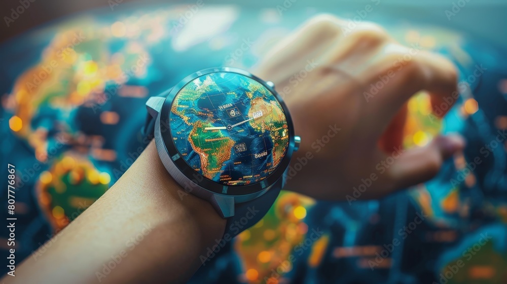 Global Communication: A 3D vector illustration of a person using a smartwatch to receive messages from around the world