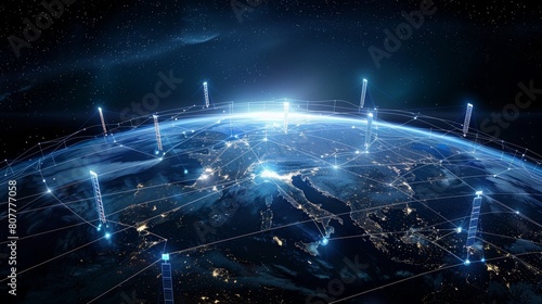 Global Connectivity: A 3D vector illustration of a network of satellites orbiting the Earth