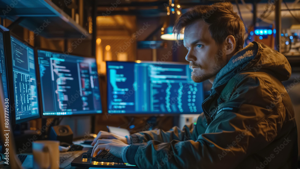 Focused man working on multiple monitors in a tech-filled office at night. Focused man working on multiple monitors in a tech-filled office at night.