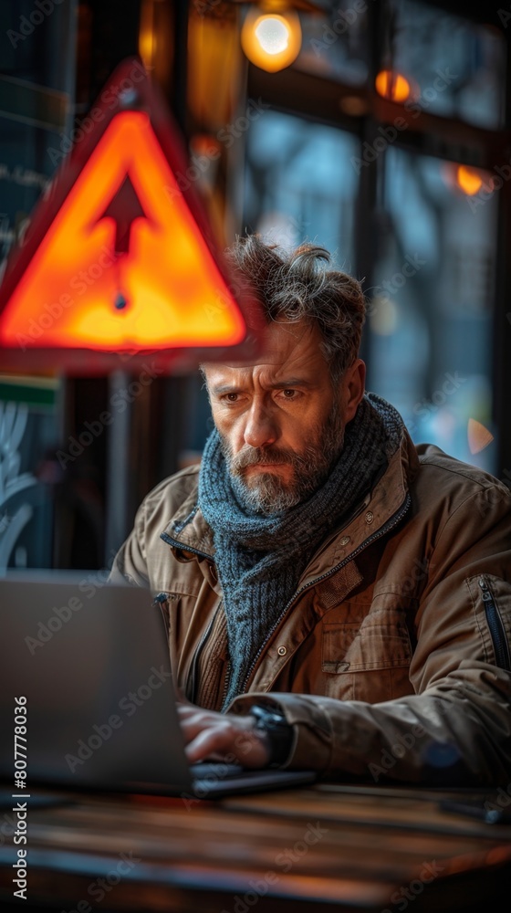Obraz premium businessman, laptop, error notification, maintenance, concept, virus detection, warning, network security, 4K, HD wallpaper, AI-generated, technology, programming, employee, programmer, developer, tri