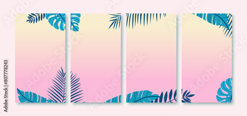 Summer background for social media stories with tropical leaves. Social media template stories in flat design. Stock illustration. 