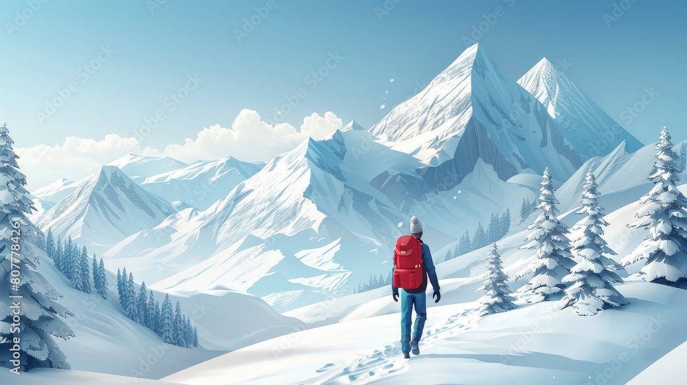 Travel and Exploration: A 3D vector illustration of a traveler hiking in a snowy mountain landscape Travel and Exploration: A 3D vector illustration of a traveler hiking in a snowy mountain landscape