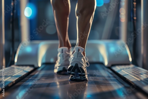 close-up of runner's legs in white sneakers running on treadmill, cardio training photo
