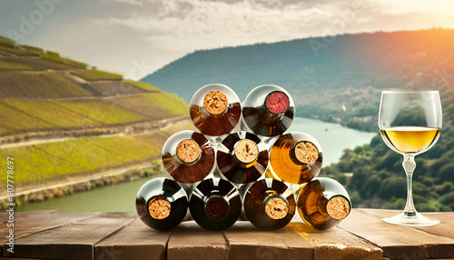 Weinflaschen zu einer Pyramide gestapelt auf einem Holztisch hoch über dem Mittelrhein und dem Rheintal. Auf dem Tisch ein Glas mit Weißwein. in den flaschen befindet sich Weißwein, Rotwein und Rose. photo