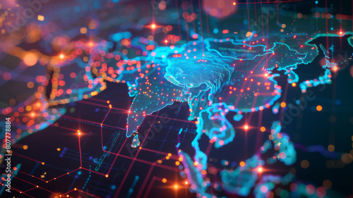 Asia map depicting global connectivity, data transfer, business exchange, and tech advancement. Concept Global Connectivity