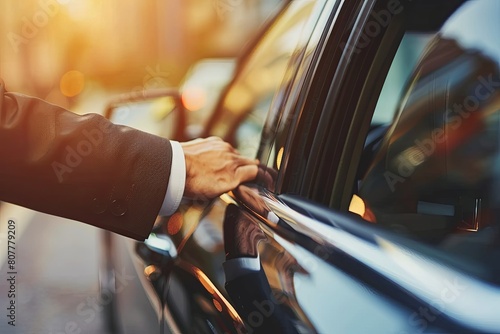 Businessman, hands and chauffeur at car door for stay on trip, designated driver or commute to work. A man's hand on the handle of a car in a professional manner.  photo