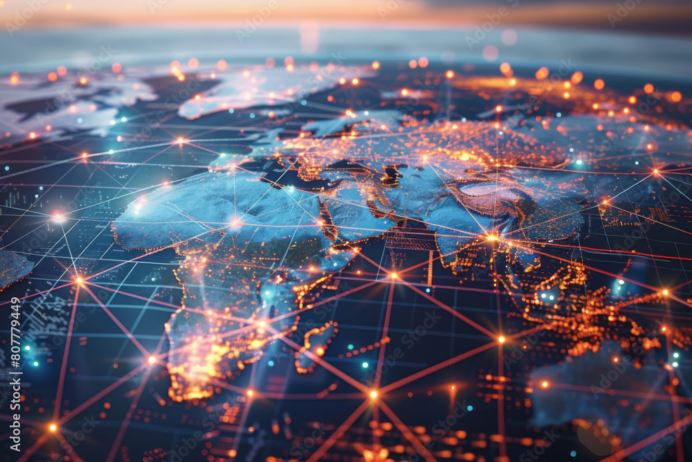 Fototapeta premium Map connecting worldwide data cloud computing tech concept abstract global transfer