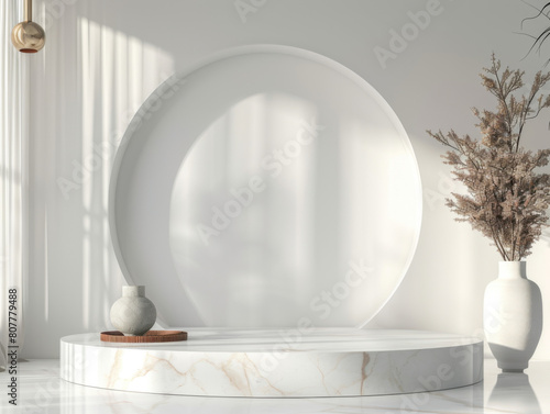 Minimalist White Marble Podium  front view focus  with a Clean Scandinavian Living Room Background