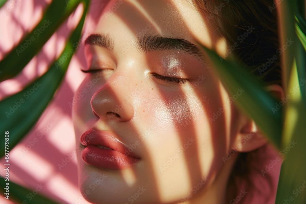 Close-up portrait of young woman peering through tropical foliage. Sunlight creates natural play of light, shadows across face, highlighting striking features, serene expression. Beauty, tranquility Close-up portrait of young woman peering through tropical foliage. Sunlight creates natural play of light, shadows across face, highlighting striking features, serene expression. Beauty, tranquility