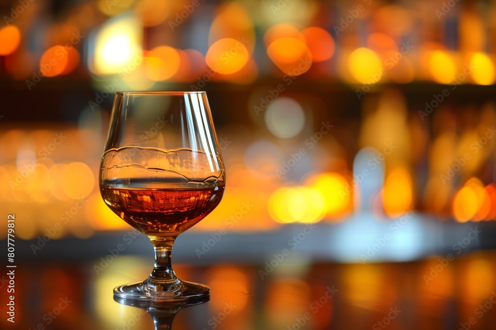Elegant glass of brandy, cognac illuminated by warm, ambient light that creates cozy, inviting atmosphere. Reflections, bokeh effect in background add to sophisticated, relaxing mood themes of luxury Elegant glass of brandy, cognac illuminated by warm, ambient light that creates cozy, inviting atmosphere. Reflections, bokeh effect in background add to sophisticated, relaxing mood themes of luxury