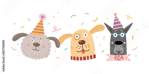 Heads of cute dogs of different breeds in caps. Funny cartoon pets on the holiday. Vector illustration in a flat style. Picture for the design of a children s postcard  clothing  room  poster.