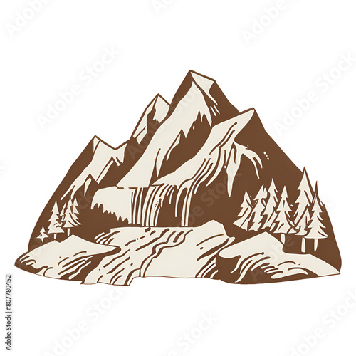 A rugged mountain range with waterfalls, Sticker, Illustration 